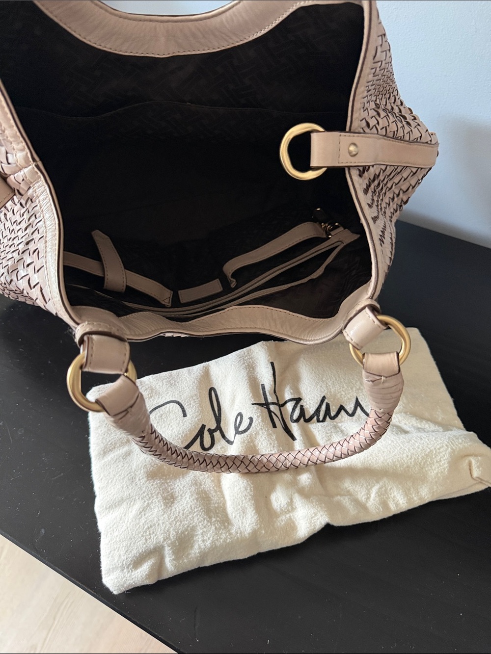 Cole Haan Woven Taupe Shoulder Bag with Braided Handle - Picture 4 of 5